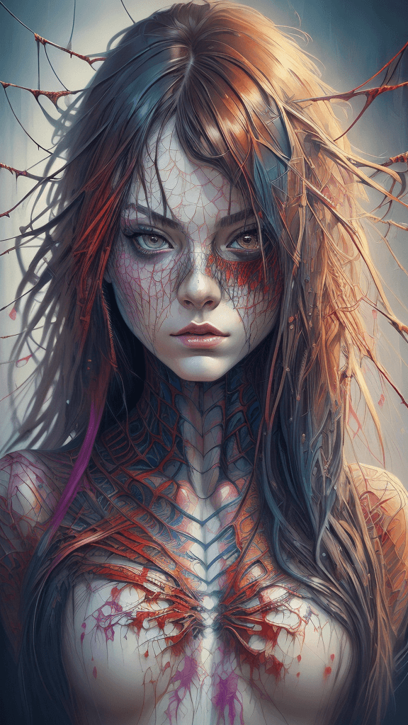 AI generated: Art by Carne Griffiths, Spider-Girl, perfect face, perfect body, Knitting clothes, perfect digital p...
