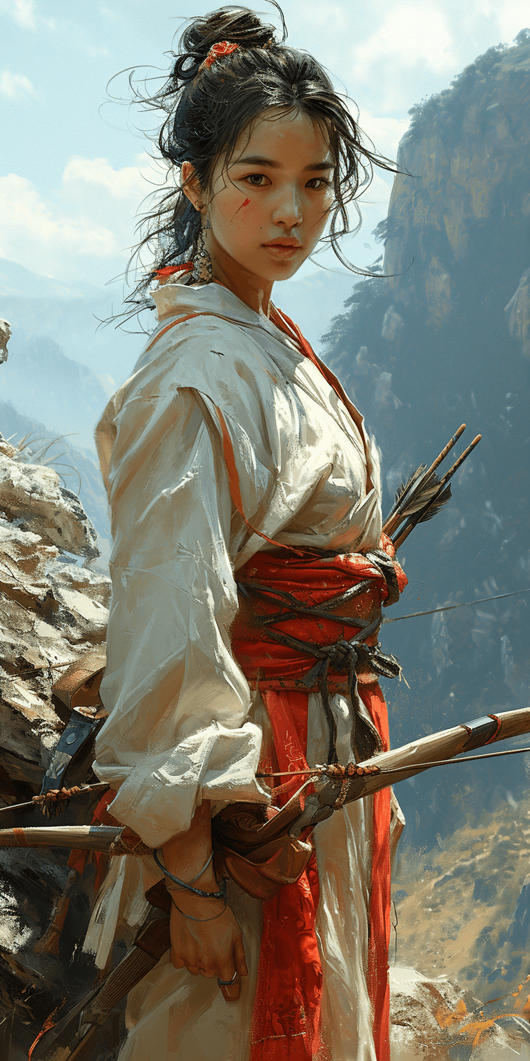 AI generated: an asian woman stands on a mountain with a bow, in the style of action-packed scenes, war scenes, hi...