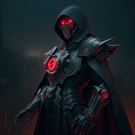 AI generated: Create an image of a mechanized warlock in a dystopian city. The figure is clad in dark robes with a...