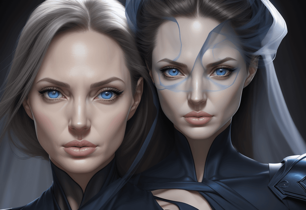 AI generated: the face of a woman with blue eyes the face of a person, in the style of angelina Jolie, light navy ...