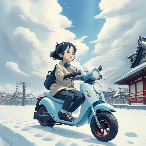AI generated: The little girl riding an electric scooter/bike, in a beautiful anime scene by Hayao Miyazaki: a sno...