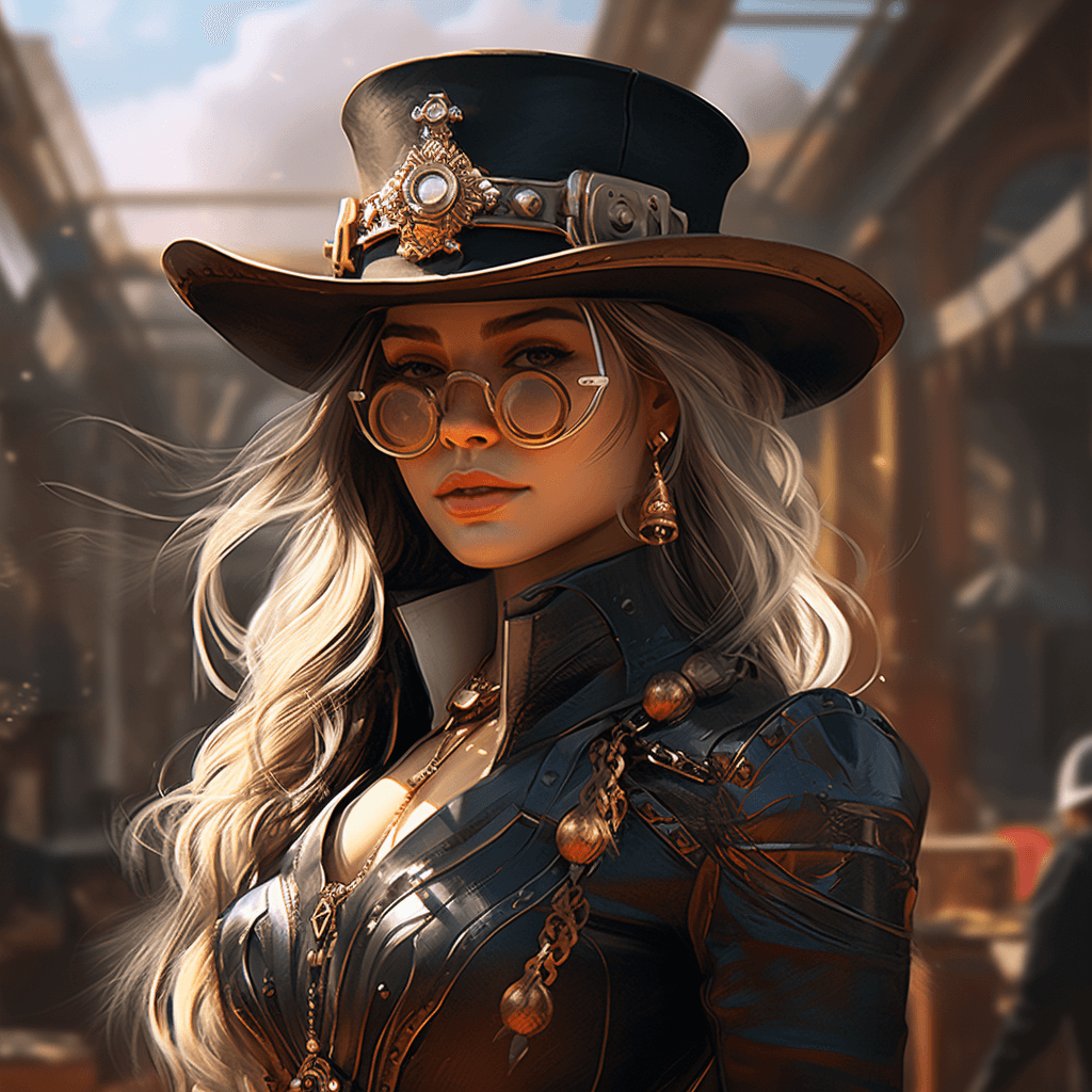 AI generated: a lady in steampunk gear wearing a hat, in the style of vray tracing, eye-catching detail, magali vi...