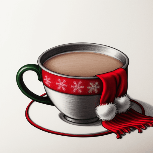 AI generated: detailed drawing of a cup with a Christmas scarf and hat