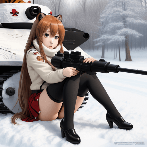 AI generated: taiga aisaka, anime, sit on realistic tank and hug gun turret, winter red school uniform, long hair,...