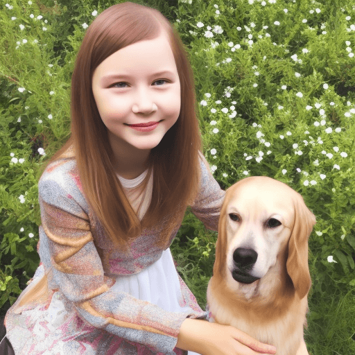 AI generated: girl, gold haired, happy, 10 years old, sit, garden