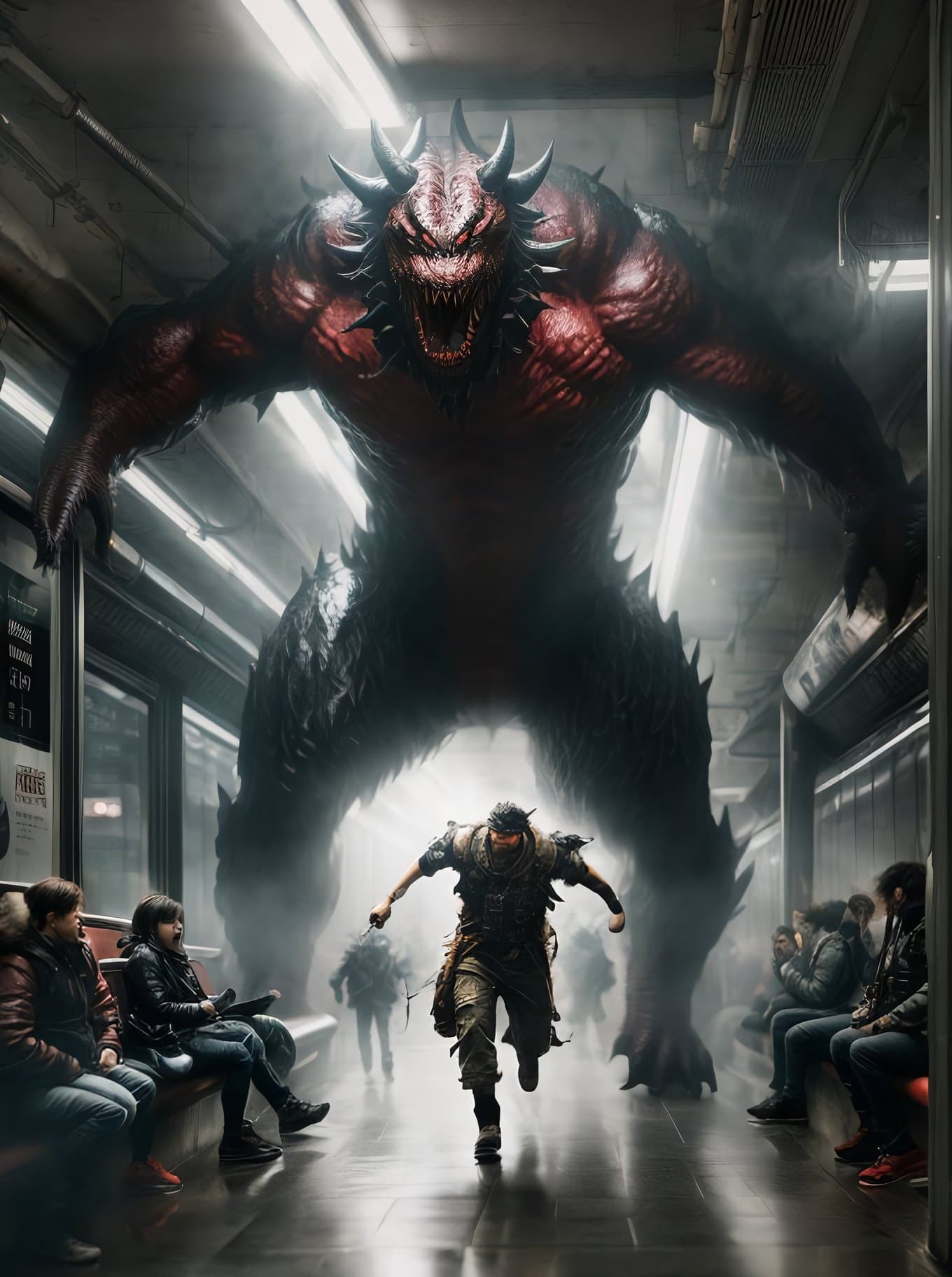 AI generated: people running from a monster in a subway, photo, 8k, hyper detailed art by daveshorror