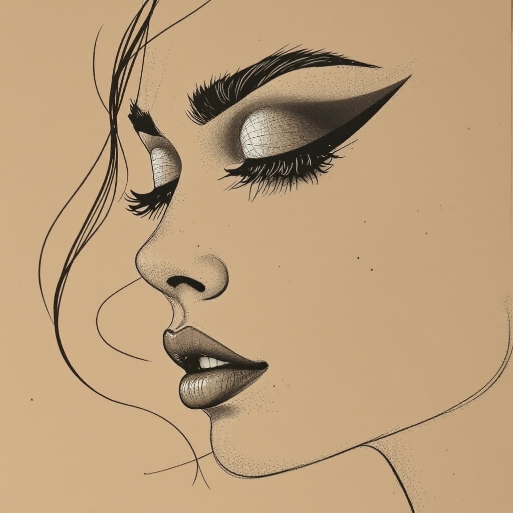 AI generated: a drawing of a woman's silhouette with a velvet eyeshadow, in the style of bold colorful lines, dark...