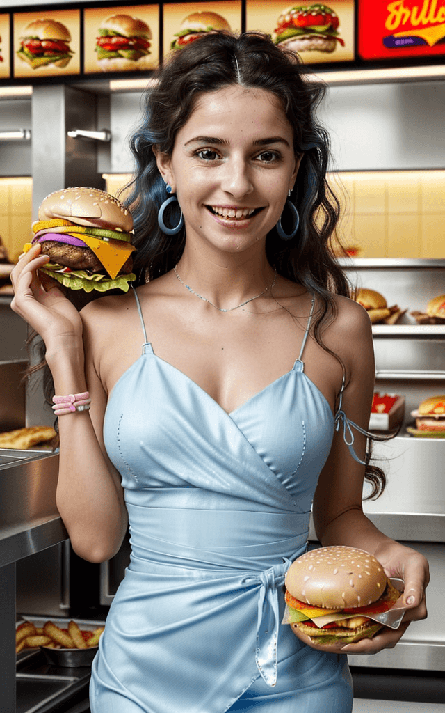 AI generated: Create an image of a Spanish woman in a fast-food restaurant in Madrid. She is wearing an elegant li...