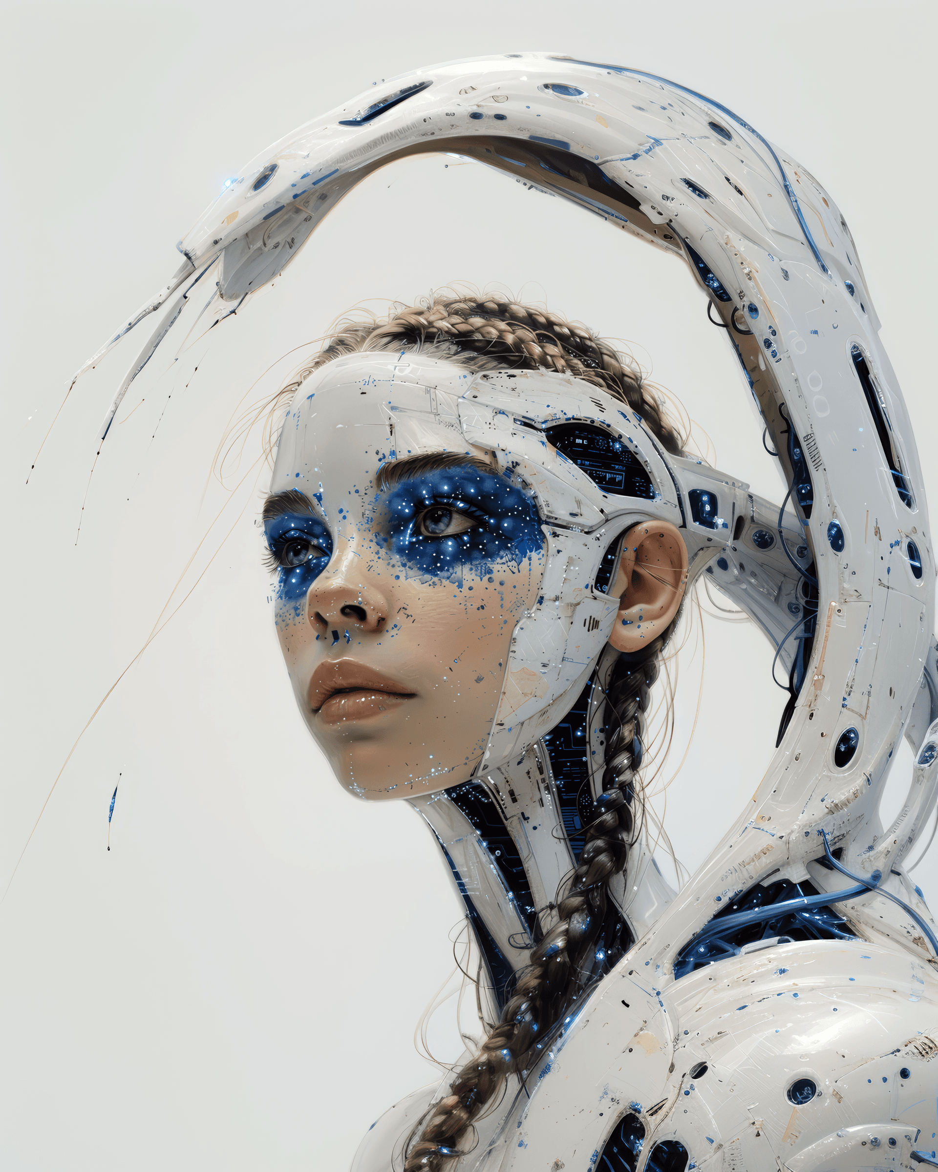 AI generated: Birth of Venus painting with pure white shiny translucent skin android with large tribal qrcode tatt...