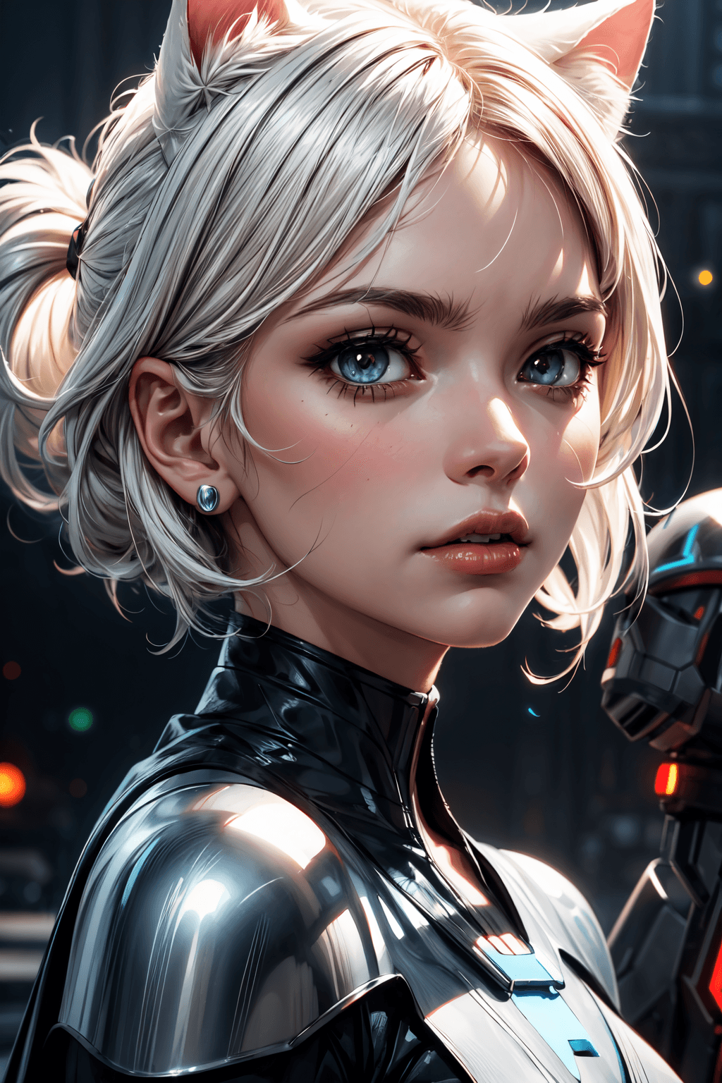 AI generated: female Sith lord from STAR WARS, white hair, cat ears, beautiful face, detailed face, hyperdetailed,...