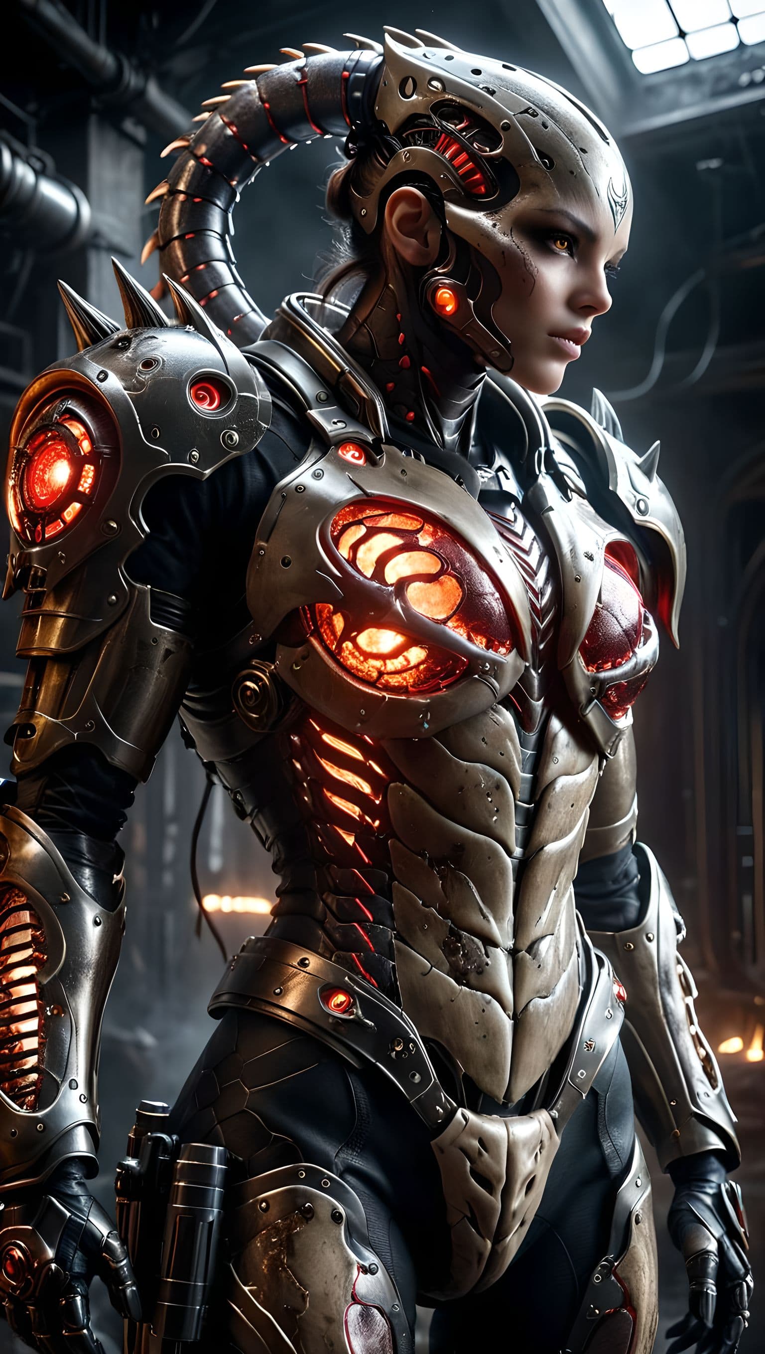 AI generated: Bulky semi-regenerative guard unit design, heavily muscled frame wrapped in self-rethreading stitche...