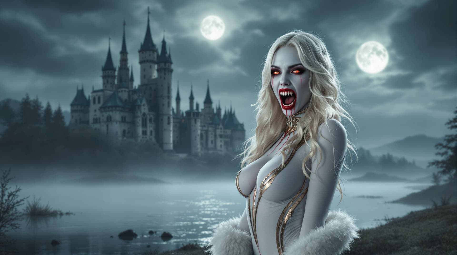 AI generated: a vampire woman with visible enormously long incisors, crimson liquid dripping from the corners of h...