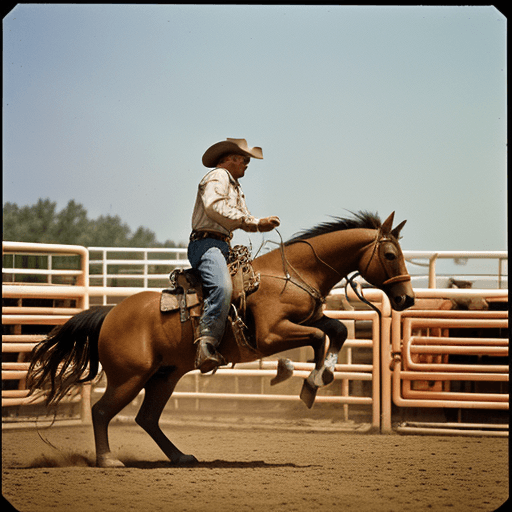 AI generated: an amateur cowboy riding a bucking horse at a rodeo, in the style of photo taken with provia, functi...