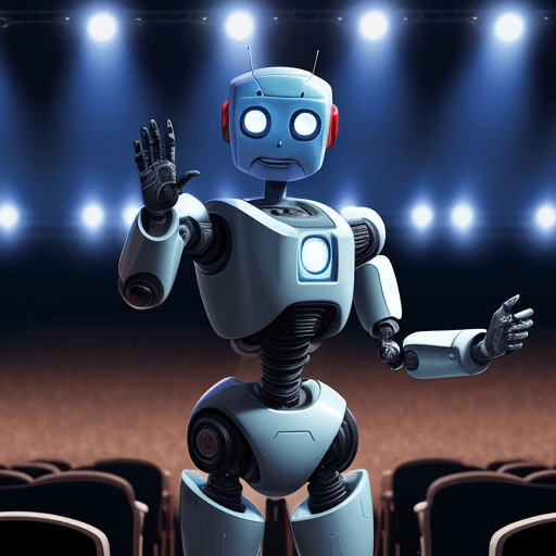 AI generated: A robot as a comedian performs in front of a large audience