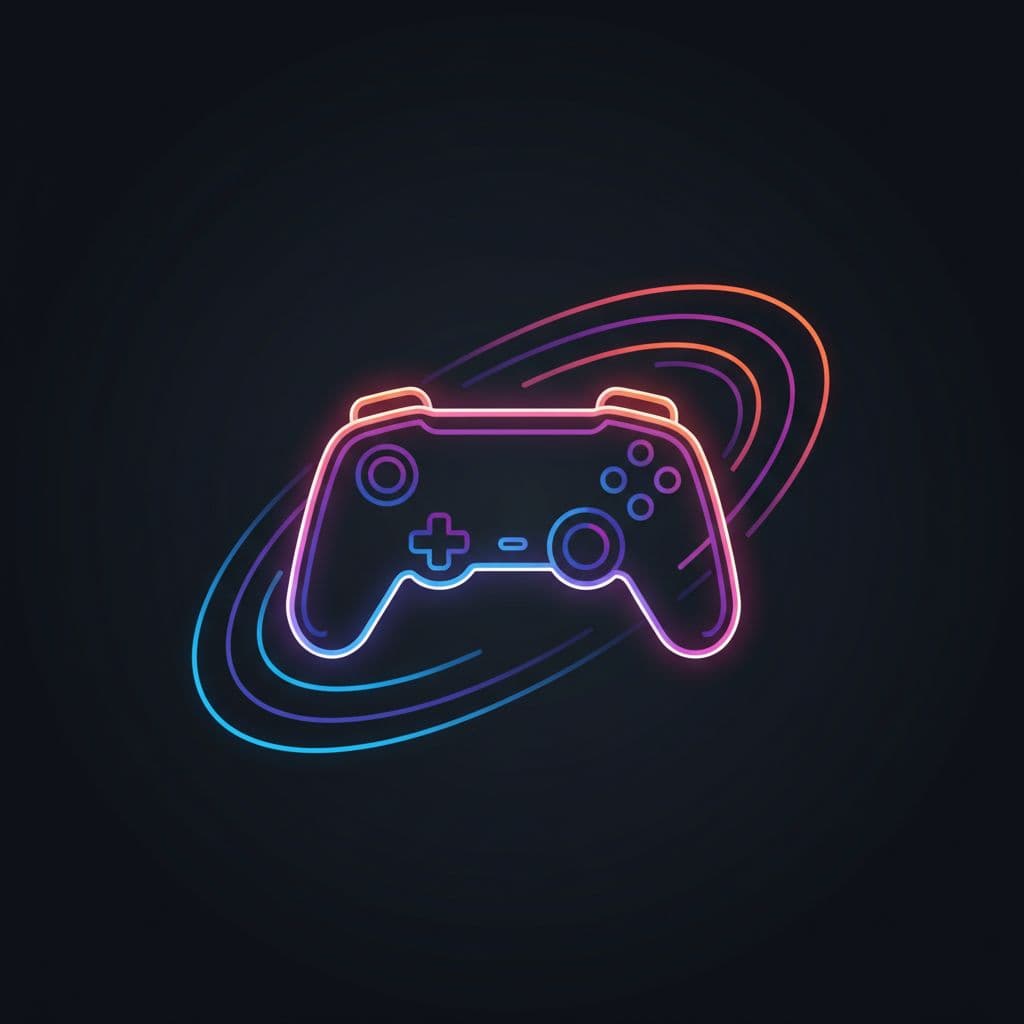 AI generated: Logo design of a modern neon game controller, glowing edges in blue, purple, and orange, surrounded ...