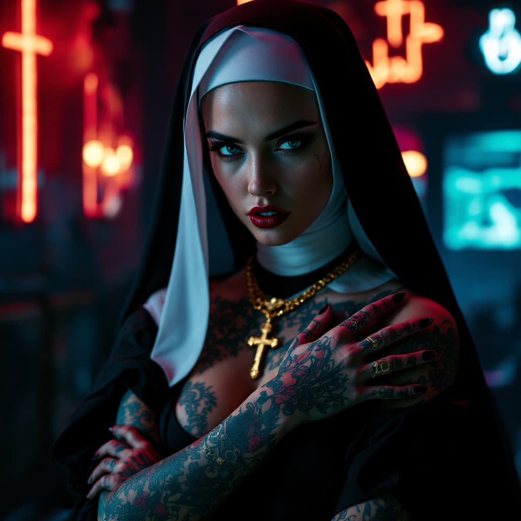 AI generated: Full body shot of a young beautiful tattooed nun with a modern twist. She wears traditional nun atti...