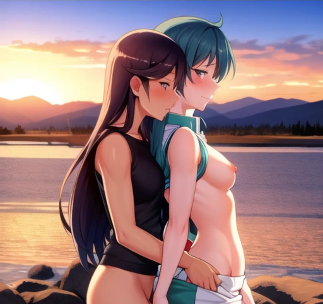 AI generated: mountains, sunset, mountain stream, lesbian, outdoor sex, females flirting, grabbing, undressing, fi...