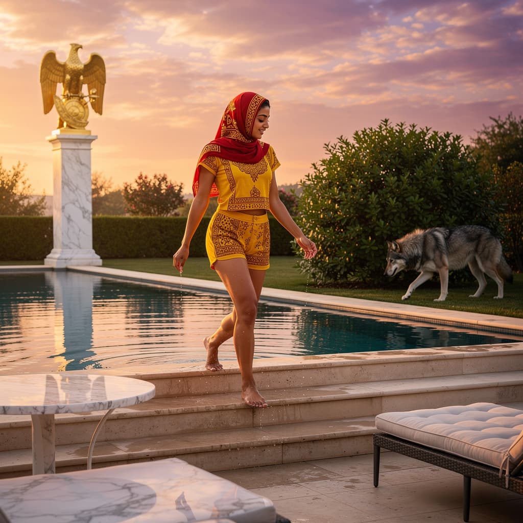 AI generated: A beautiful, fit and incredible bodied, Middle Eastern female is walking up the steps from an eleque...