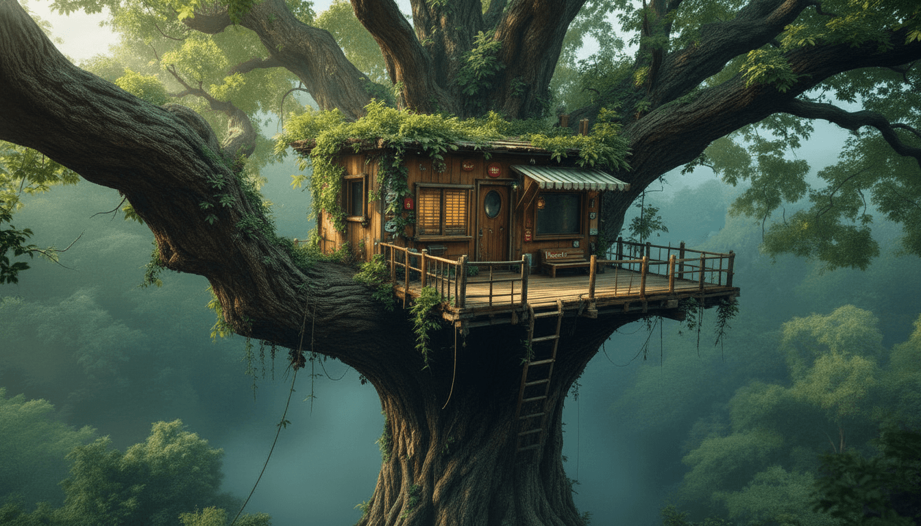 AI generated: An up close upshot of the treehouse image provided, showing another angle for the same structure and...