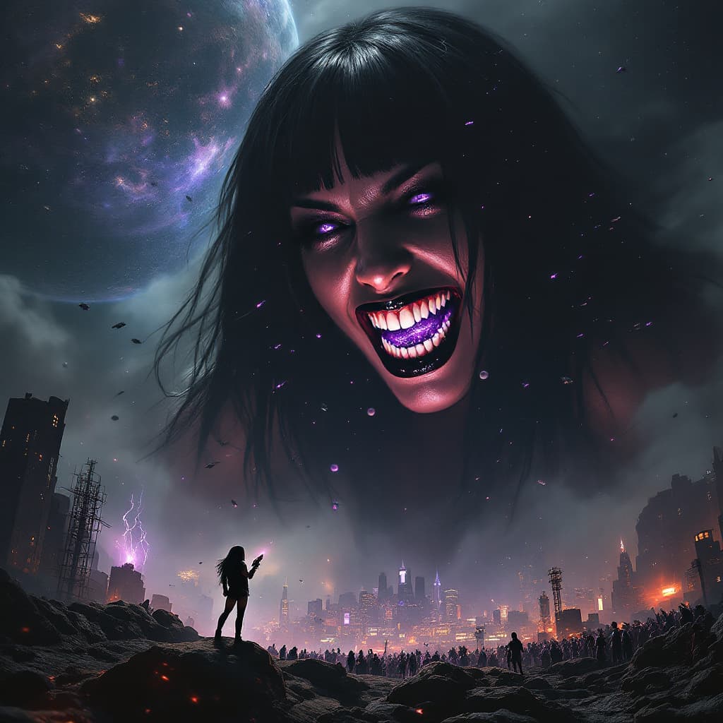 AI generated: enormous giantess female who looks exactly like WWE superstar 
 Rhea Ripley with black medium length...