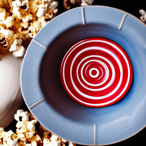 AI generated: A pottery bowl with red whit stripes from the outside. inside written in blue is "popcorn". inside i...