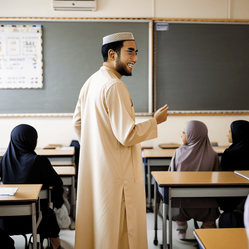 AI generated: 25 year old Asian Muslim man wearing Muslim clothing, teaching in front of his students in a classro...
