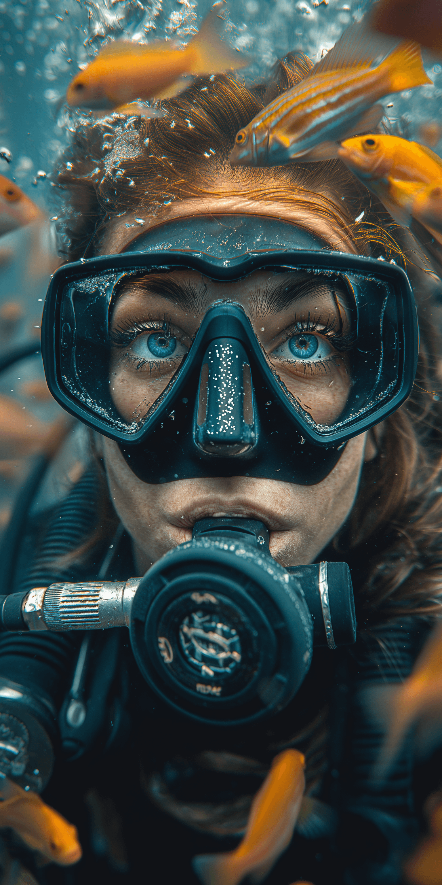 AI generated: high-resolution underwater photography, scuba diver with mask and breathing regulator surrounded by ...