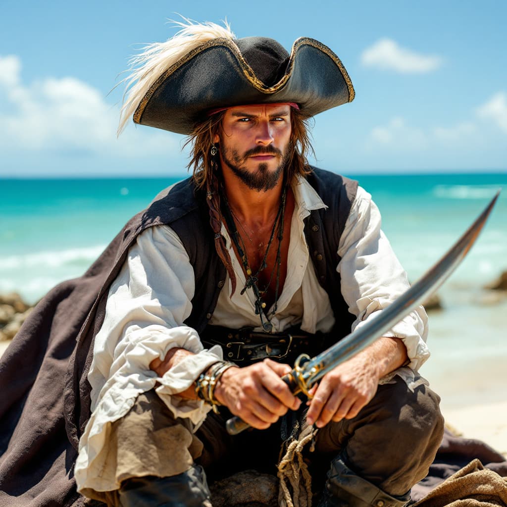 AI generated: Foto cinematográfica profesional de cuerpo de un pirata Ingles con cabello castaño rizado en un somb...