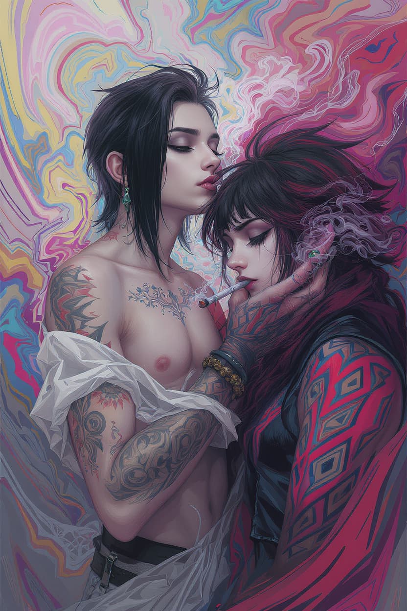 AI generated: create a gorgeously mysterious and cool couple, the guy has black hair, edgy look/ punk and a confid...