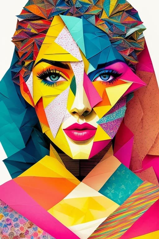 AI generated: An abstract representation of a woman's face, with geometric shapes and torn, (colorful paper:1.6), ...
