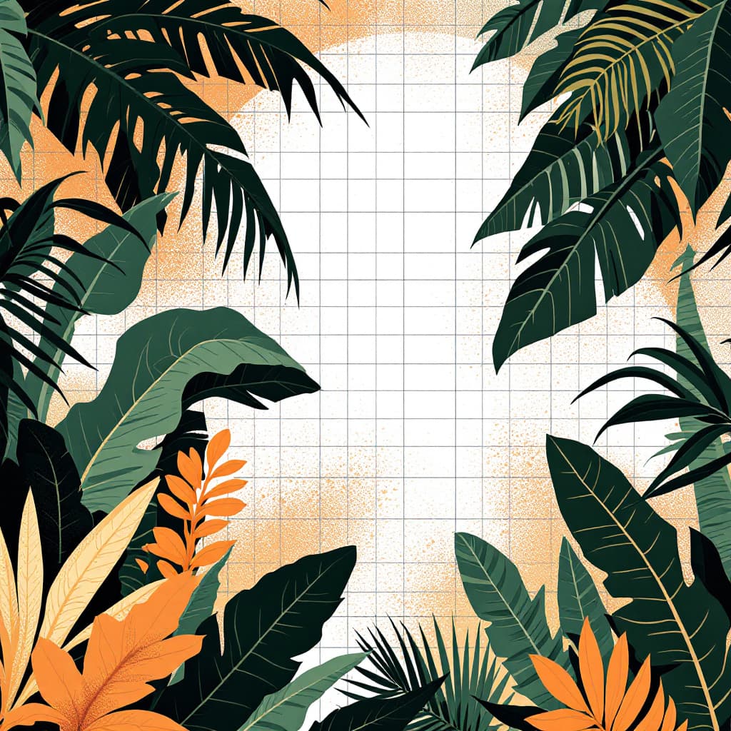 AI generated: graphic jungle scene illustration background for a 3x3 grid. the gridlines are very thin. in the cen...
