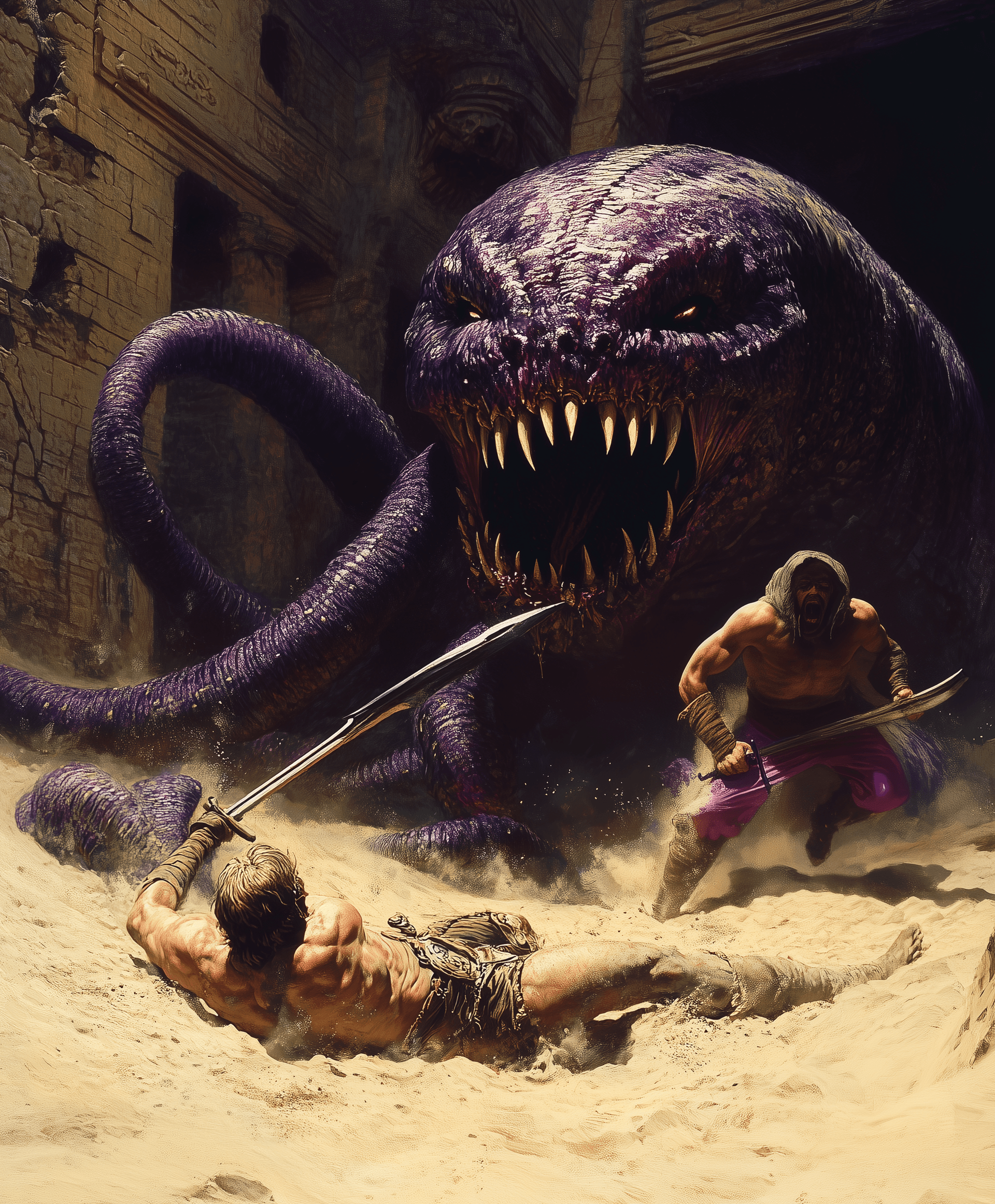 AI generated: A man with large purple tentacles, the head of an eel, and big fangs is lying on his back in the san...