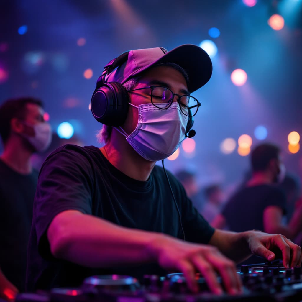 AI generated: An asian, closed eyes, DJ with a face masked and glasses wearing a baseball cap, gray-silver hair an...