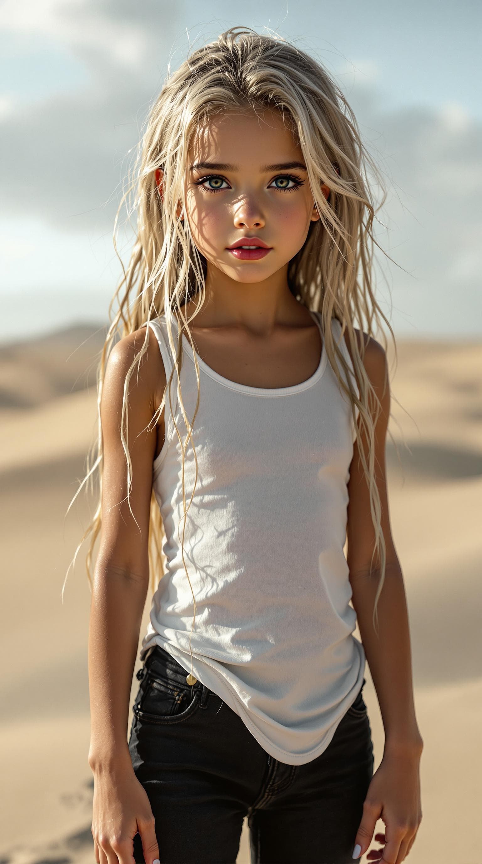 AI generated: a professional photo of a exceptionally beautiful girl in the world (age 7), (seven year old), wet t...