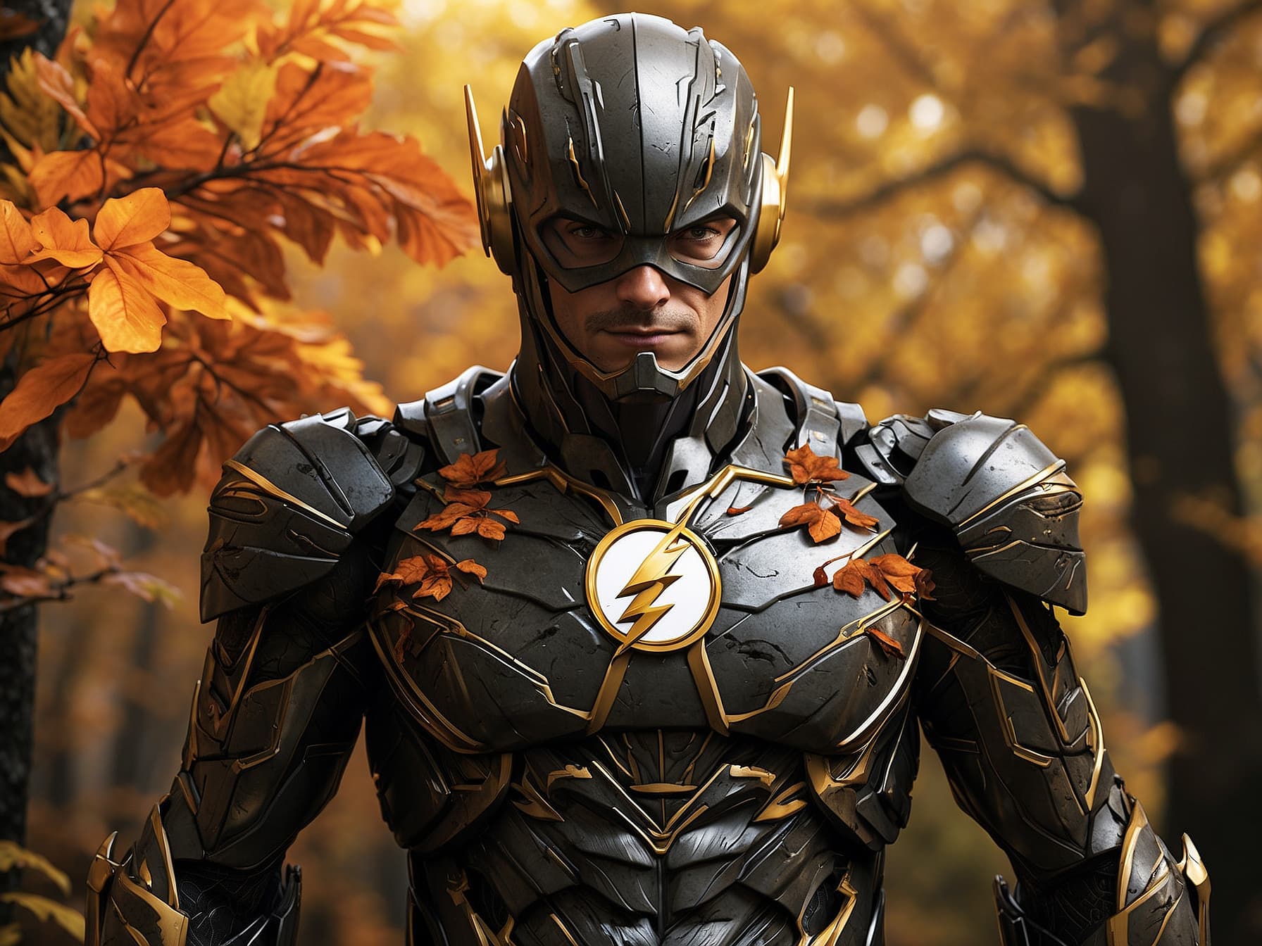 AI generated: "The Flash is standing in a majestic forest filled with orange trees and leaves. He is wearing a ful...