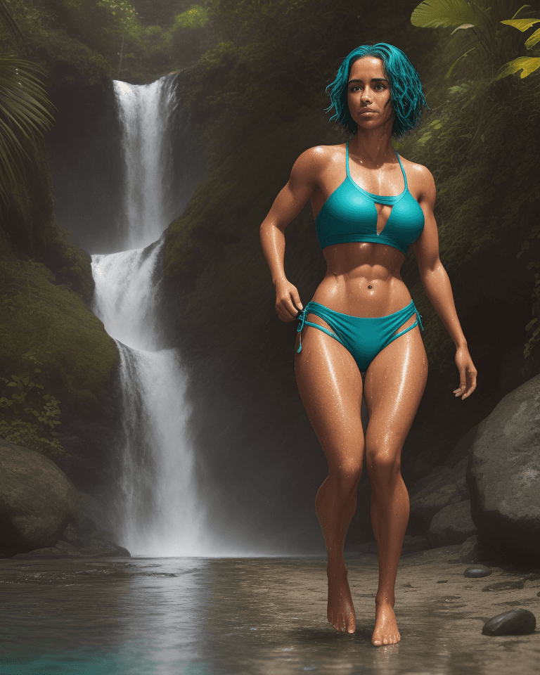 AI generated: Full body, Latina, tan, abs, soaking wet, short teal hair, freckles, excited, she is walking up a pa...