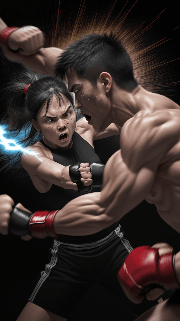 AI generated: "Create a vivid and intense scene depicting a bare-knuckle fight with the focus on the exact moment ...