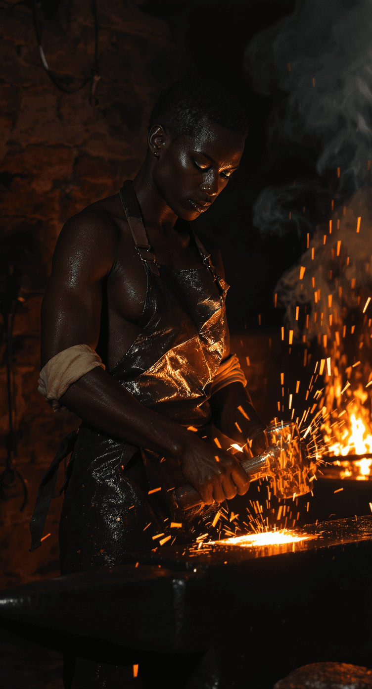 AI generated: Color photograph of a blacksmith working at an anvil. Ember fly as the blacksmith hammers away.