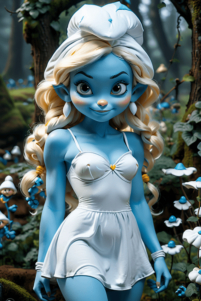AI generated: smurfette from the smurfs, beautiful charismatic girl, showing piercing, athletic body, a woman with...