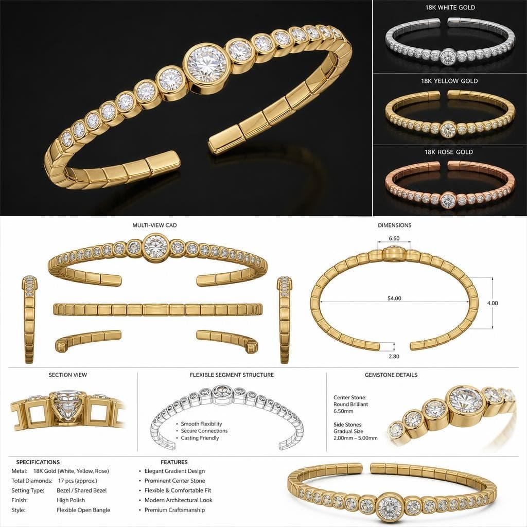 AI generated: Luxury contemporary fine jewelry open bangle bracelet design featuring a flexible segmented structur...
