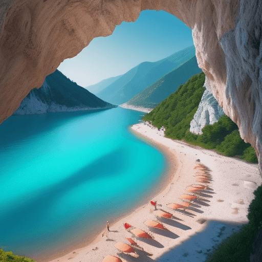 AI generated: Woman guide that making tours in Albania with toursit on beaches, mountains, sea, caves, cinematic, ...