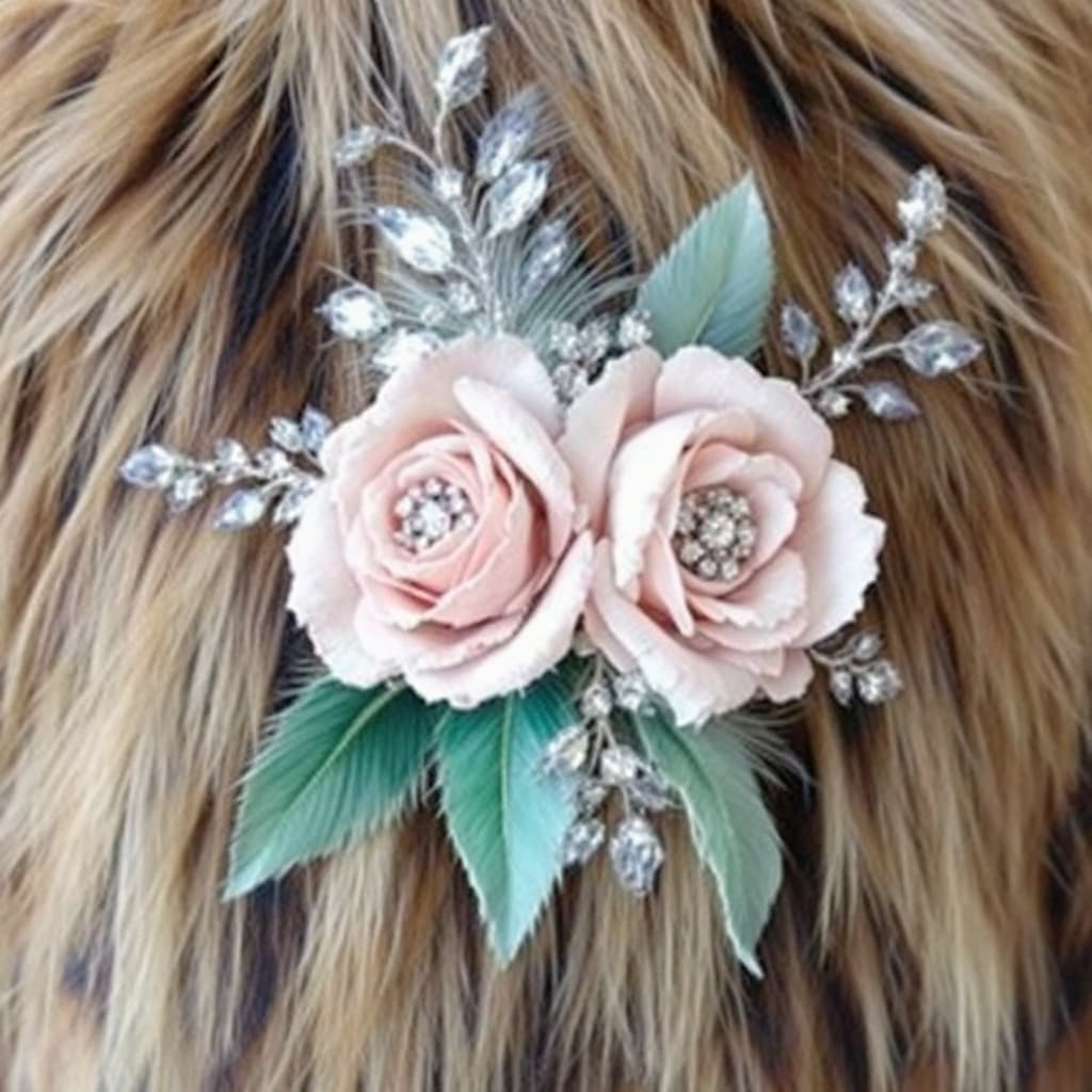 AI generated: FEATHER ROSES AND DIAMONDS ON A FUR BLANK