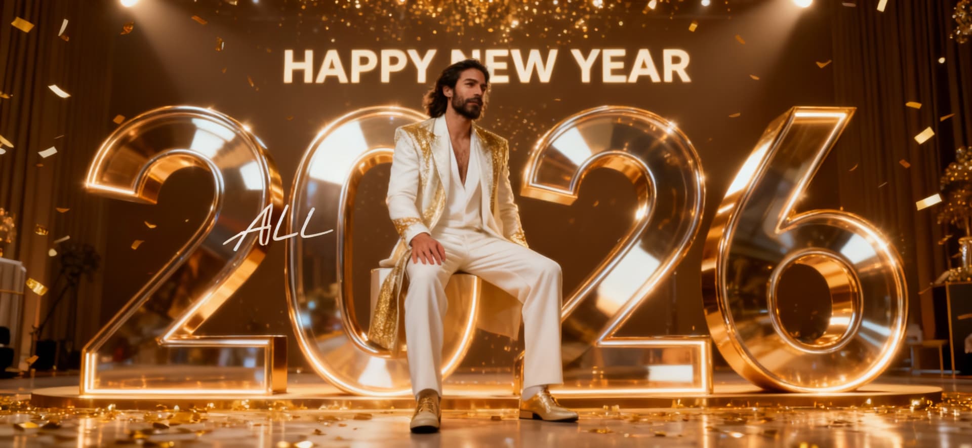 AI generated: A confident stylish man wearing a luxurious modern outfit in white and gold tones, standing in front...
