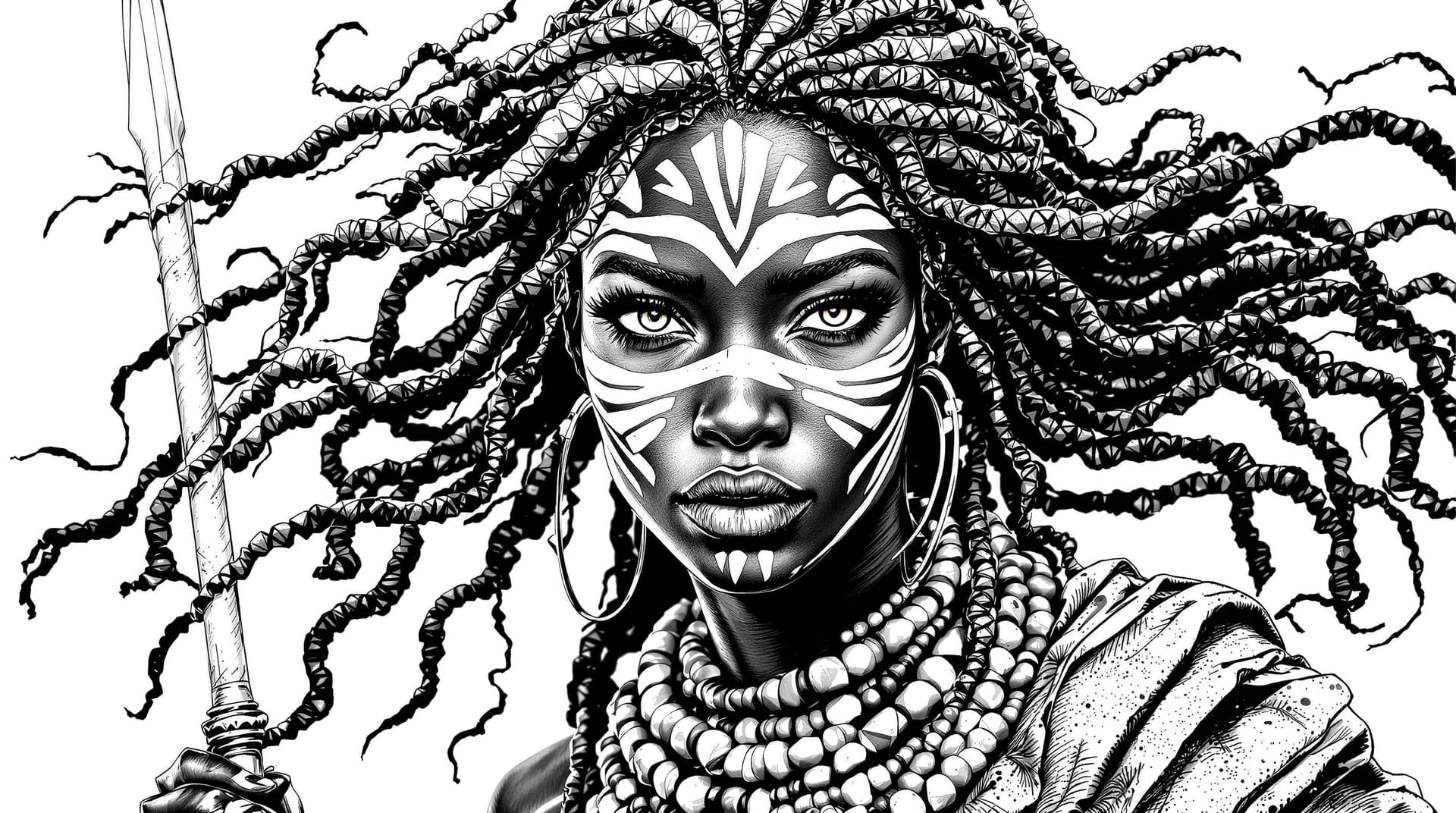 AI generated: black and white drawing of a african female princess warrior woman with silky hair, wearing white wa...