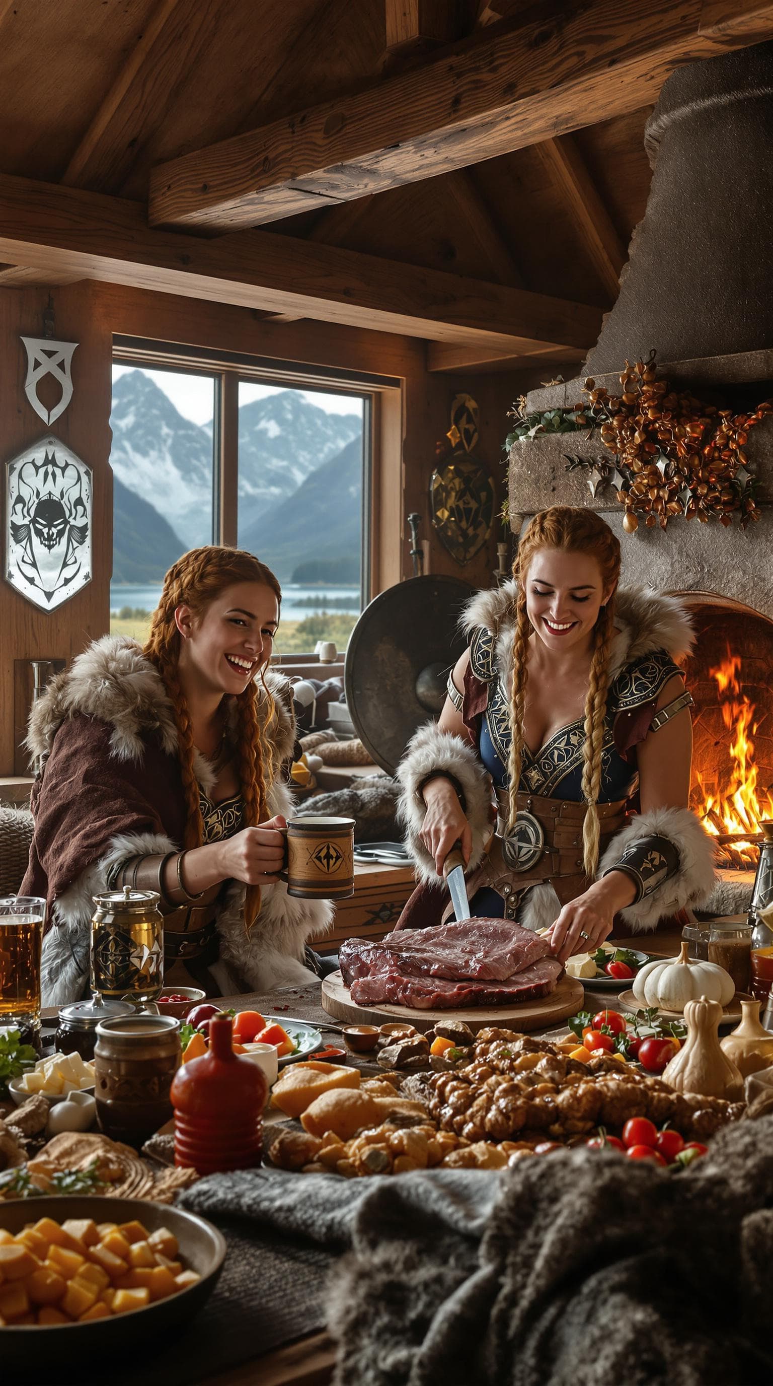 AI generated: A hyper-realistic image of two Viking warrior women enjoying a hearty breakfast in a rustic Nordic l...