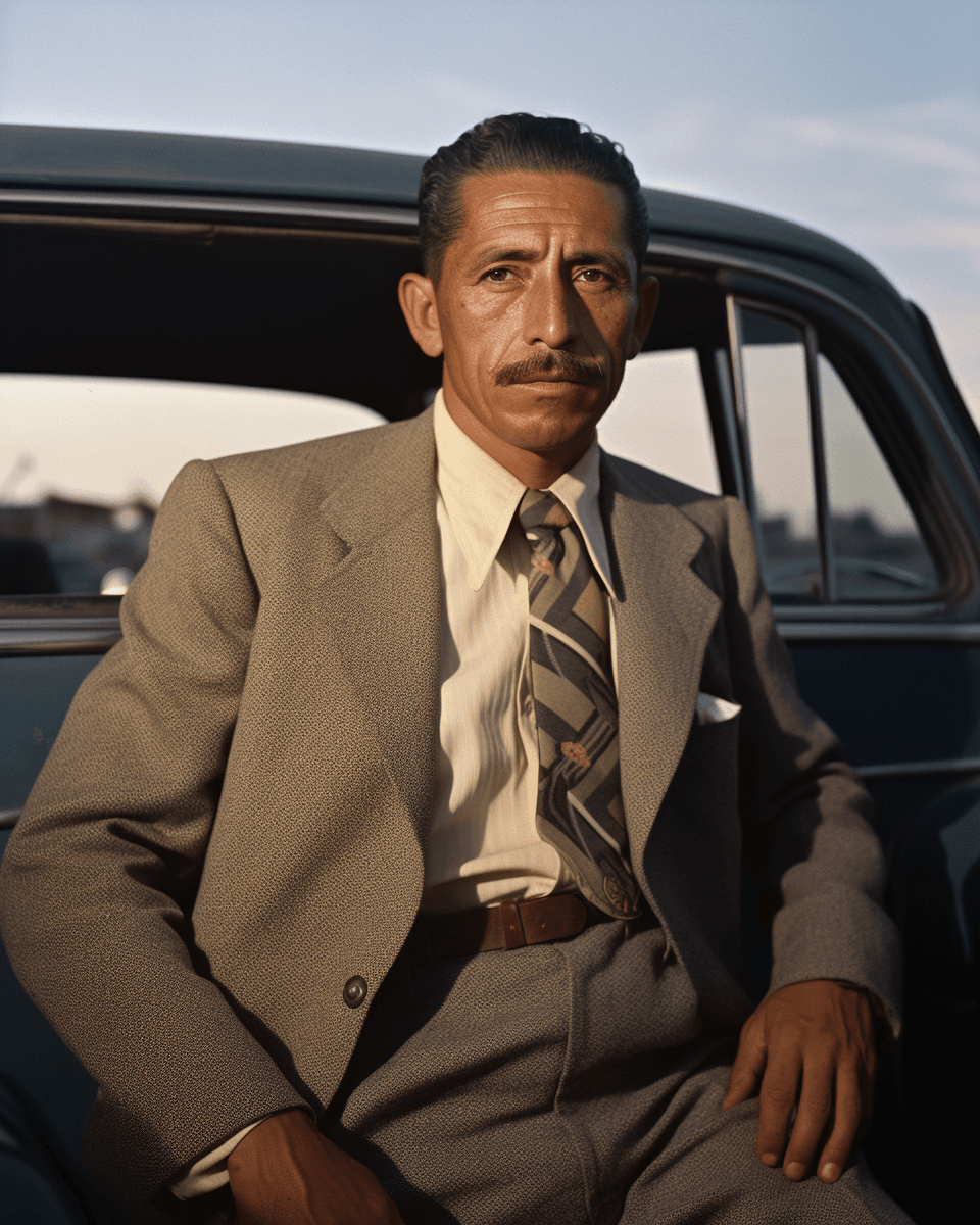 AI generated: josef hugo henen portrait photograph at life magazine in 1952, in the style of chicano-inspired, con...