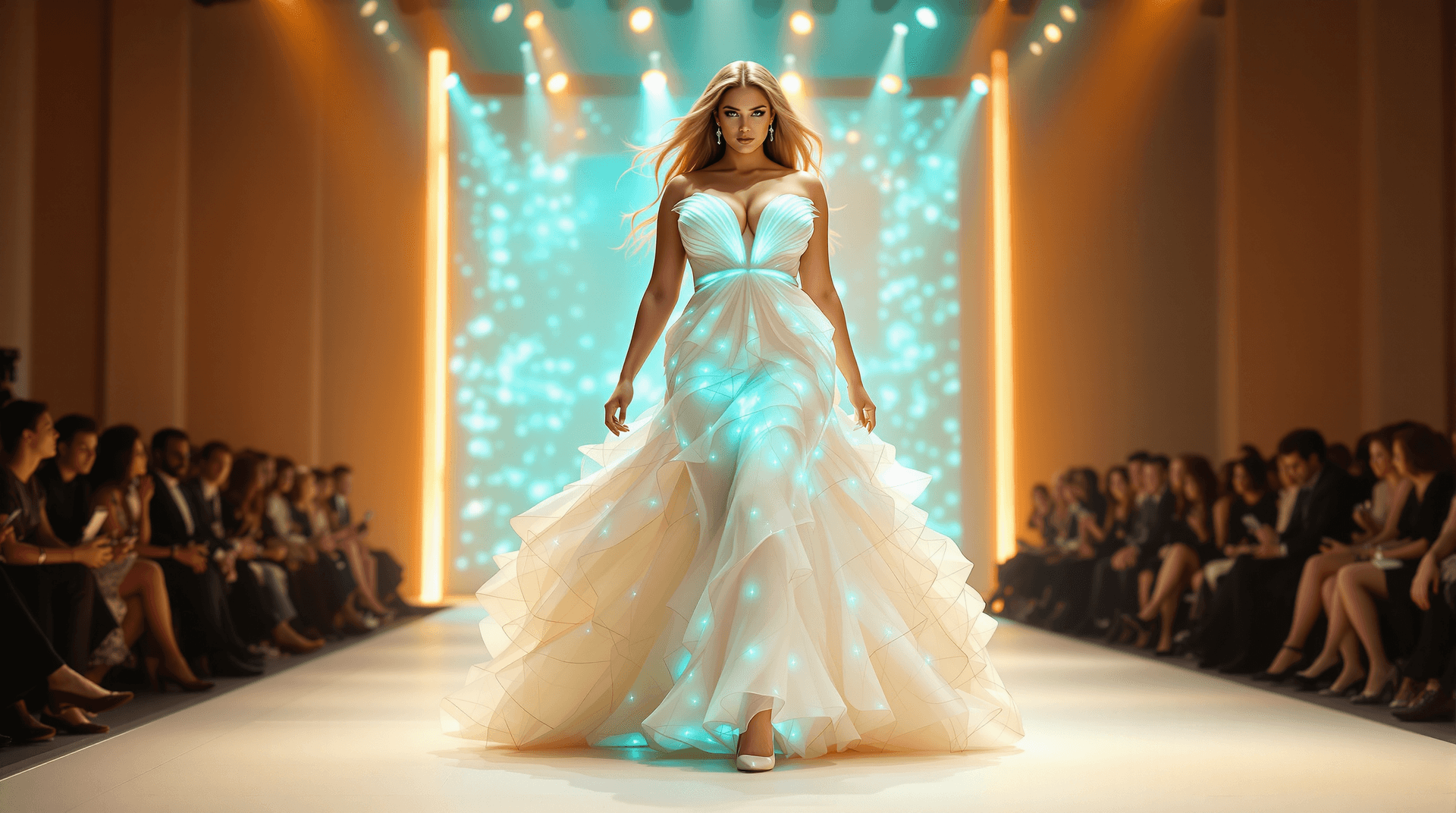 AI generated: Hyper Realistic A stunningly Curvy Plus Size expressive model Woman on a Parading fashion show runwa...