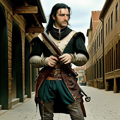 AI generated: big musket in hand, medieval, engineer, art, leather jerkin, renaissance, dirty looking, Pouch over ...