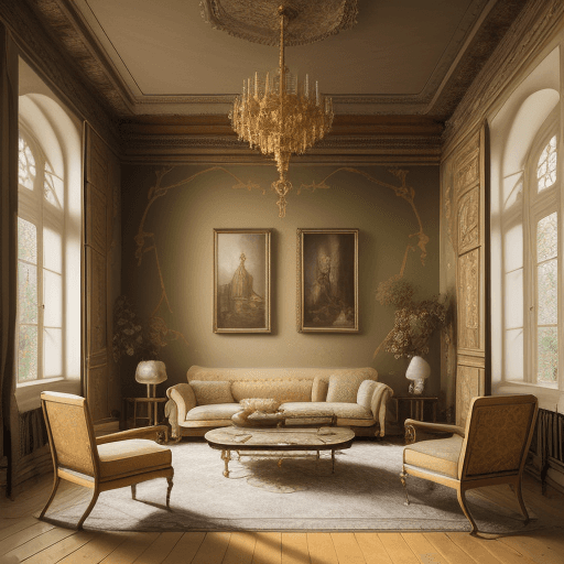 AI generated: High resolution photography interior design, dreamy castle interior living room, wooden floor, small...