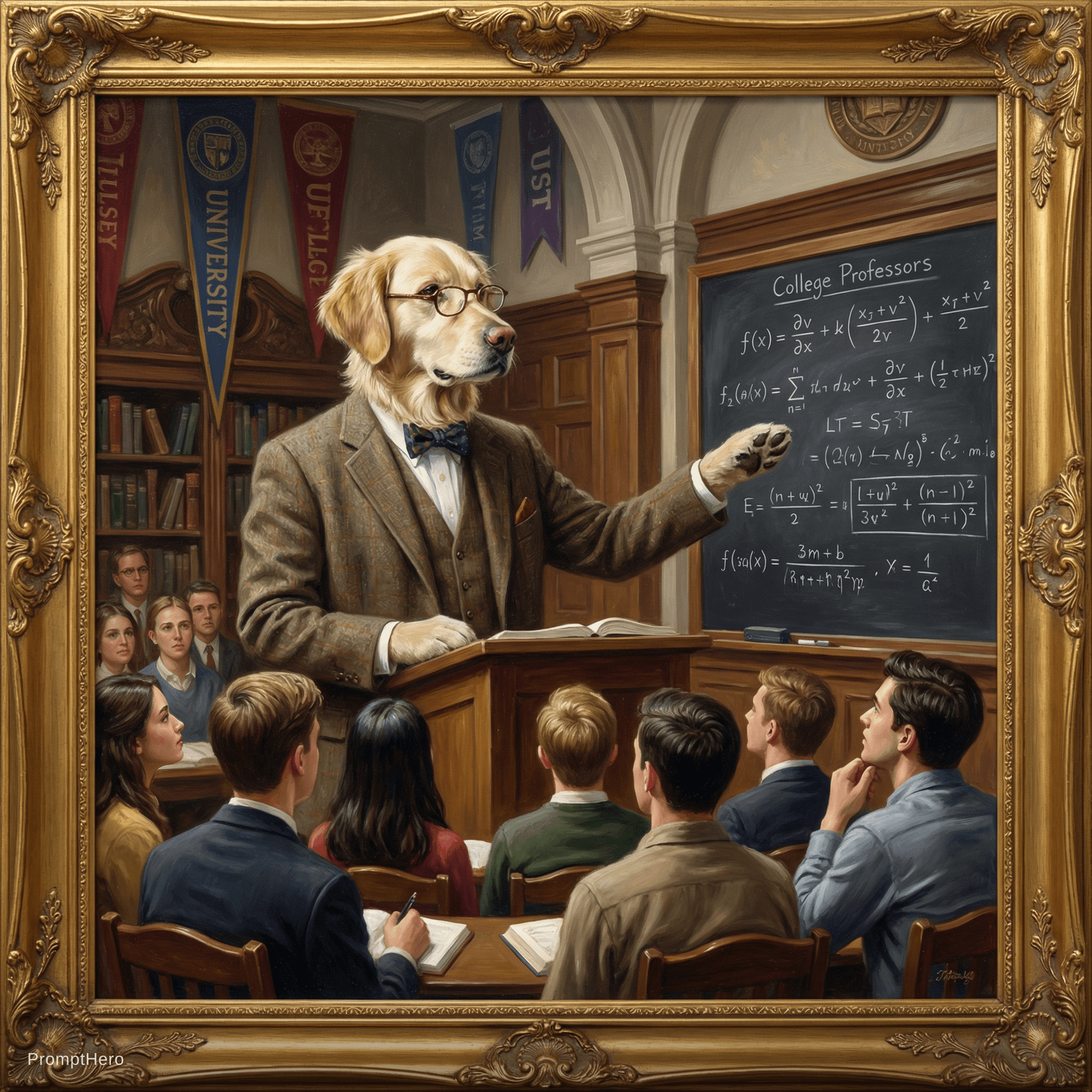 AI generated: Show the dog as a college professor in front of a class of students.